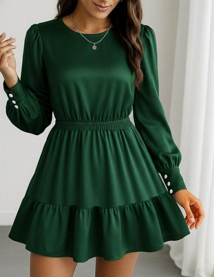 Uzun Kollu Bisiklet Yaka Beli Lastikli Fırfırlı Ithal Krep Elbise