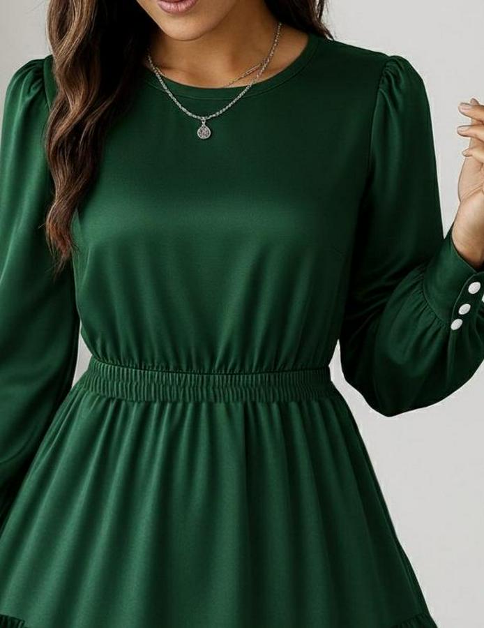 Uzun Kollu Bisiklet Yaka Beli Lastikli Fırfırlı Ithal Krep Elbise