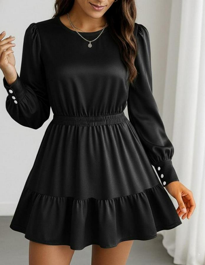 Uzun Kollu Bisiklet Yaka Beli Lastikli Fırfırlı Ithal Krep Elbise