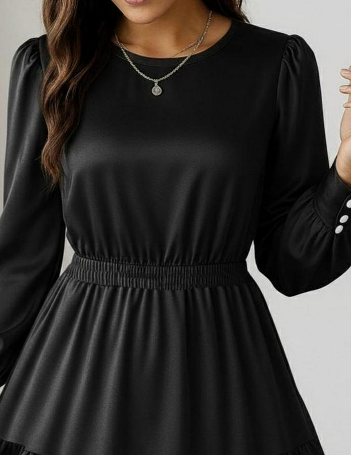 Uzun Kollu Bisiklet Yaka Beli Lastikli Fırfırlı Ithal Krep Elbise