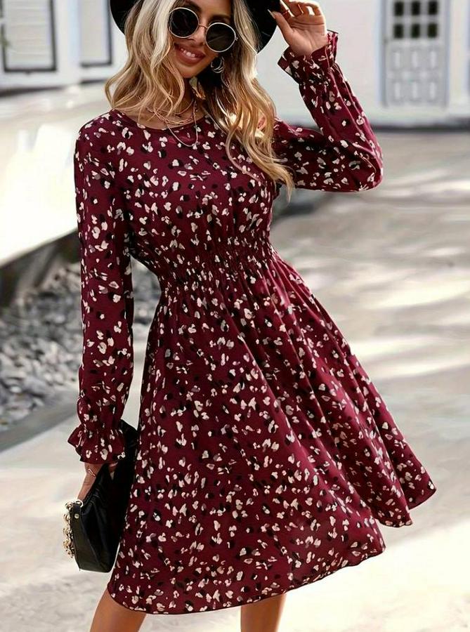 Uzun Kollu Bisiklet Yaka Beli Lastikli Midi Süprem Elbise