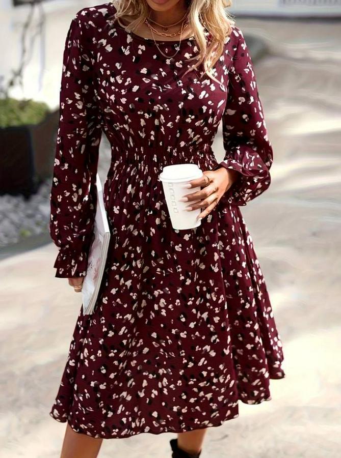 Uzun Kollu Bisiklet Yaka Beli Lastikli Midi Süprem Elbise