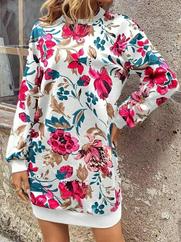 Uzun Kollu Bisiklet Yaka Çiçek Baskılı Şardonlu Dalgıç Elbise
