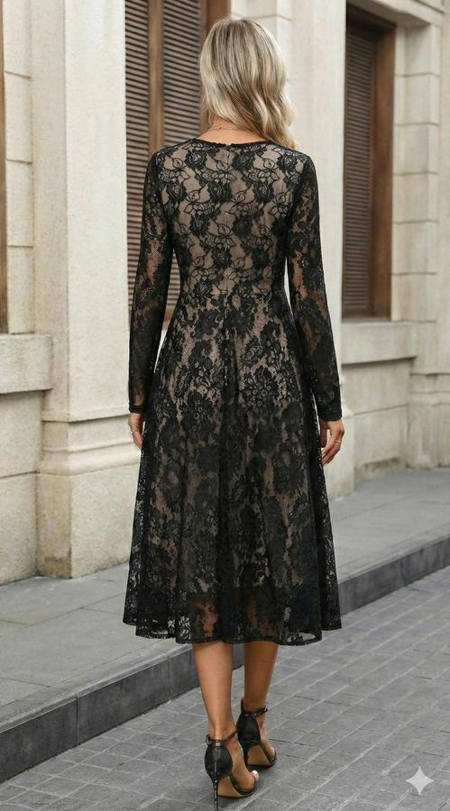 Uzun Kollu Bisiklet Yaka Dantelli Astarlı Midi Elbise