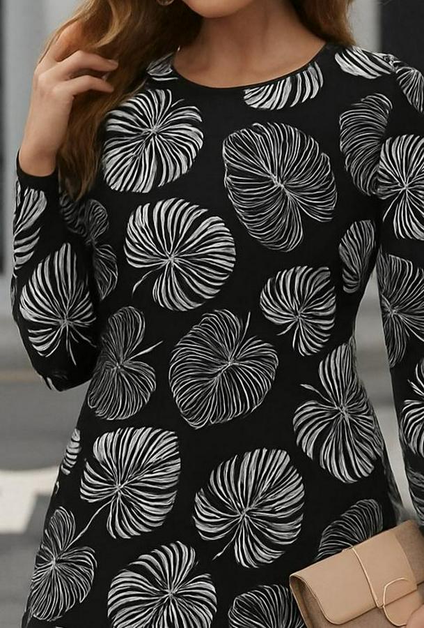 Uzun Kollu Bisiklet Yaka Desenli Kısa Krep Elbise