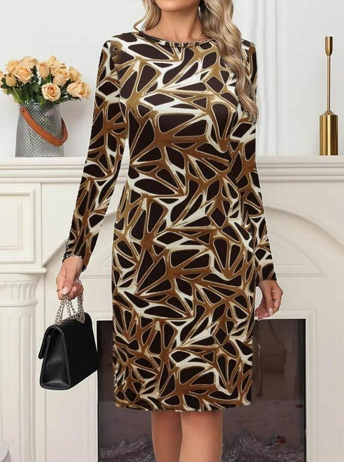 Uzun Kollu Bisiklet Yaka Desenli Dalgıç Kısa Elbise