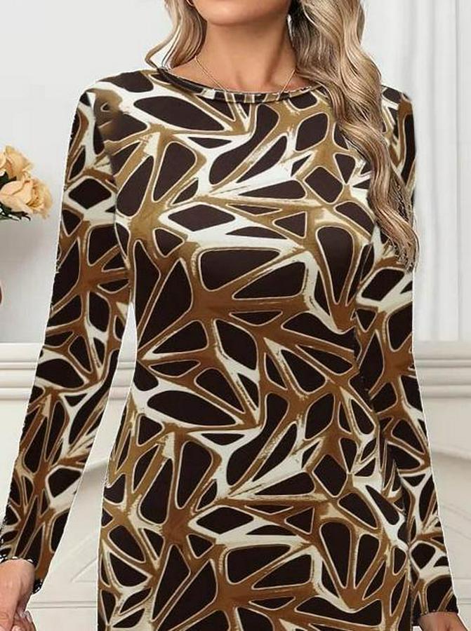 Uzun Kollu Bisiklet Yaka Desenli Dalgıç Kısa Elbise