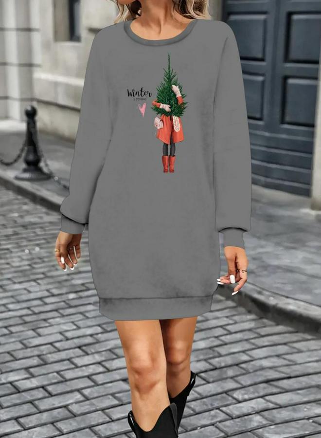 Uzun Kollu Bisiklet Yaka Desenli Kısa Viskon Iki Iplik Elbise