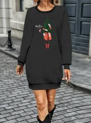 Uzun Kollu Bisiklet Yaka Desenli Kısa Viskon Iki Iplik Elbise