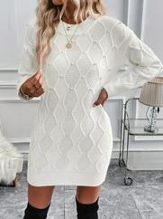 Uzun Kollu Bisiklet Yaka Desenli Triko Elbise