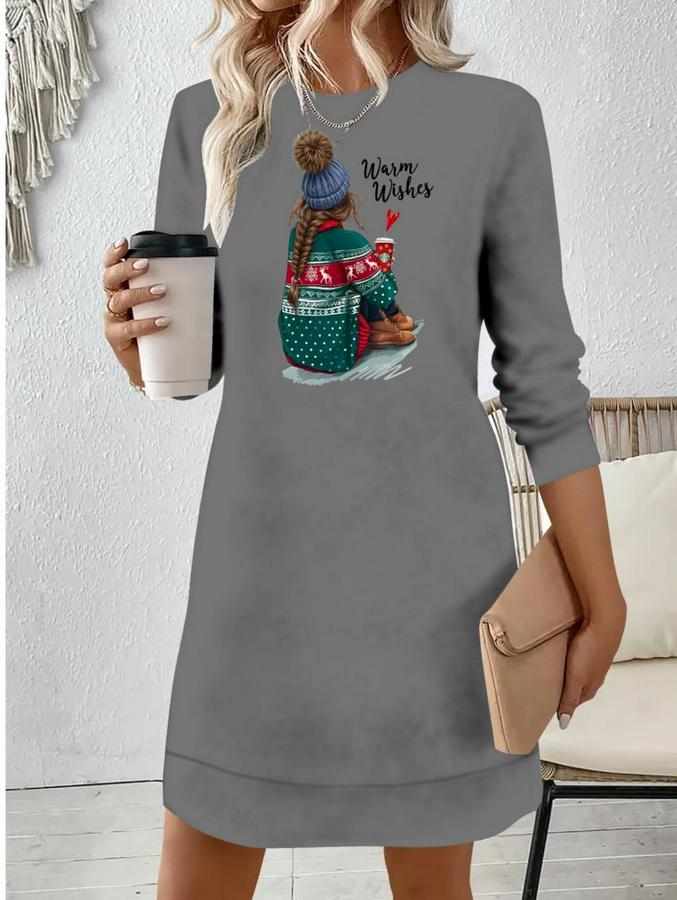 Uzun Kollu Bisiklet Yaka Desenli Viskon Iki Iplik Elbise