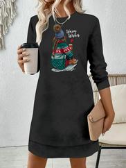 Uzun Kollu Bisiklet Yaka Desenli Viskon Iki Iplik Elbise