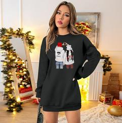 Uzun Kollu Bisiklet Yaka Desenli Viskon Iki Iplik Elbise