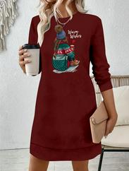 Uzun Kollu Bisiklet Yaka Desenli Viskon Iki Iplik Elbise