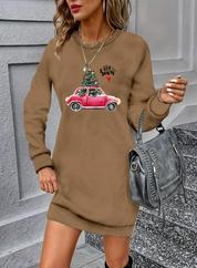 Uzun Kollu Bisiklet Yaka Desenli Viskon Iki Iplik Elbise