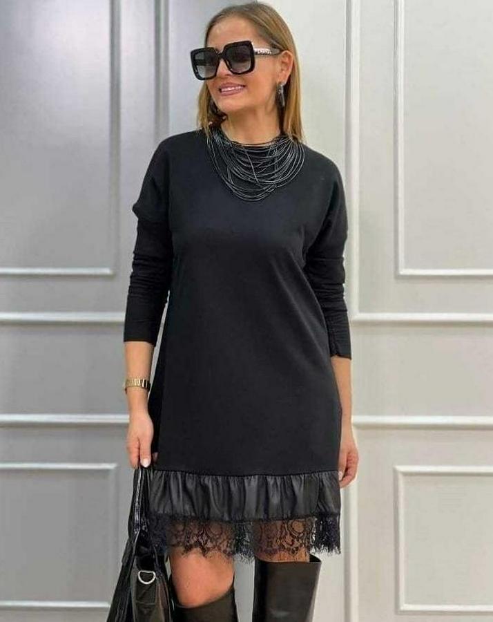 Uzun Kollu Bisiklet Yaka Etek Ucu Deri Ve Tül Detay Iki Iplik Mini Boy Elbise