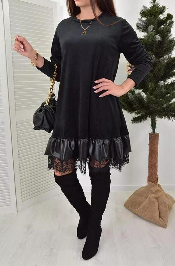 Uzun Kollu Bisiklet Yaka Etek Ucu Deri Ve Tül Detay Iki Iplik Mini Boy Elbise