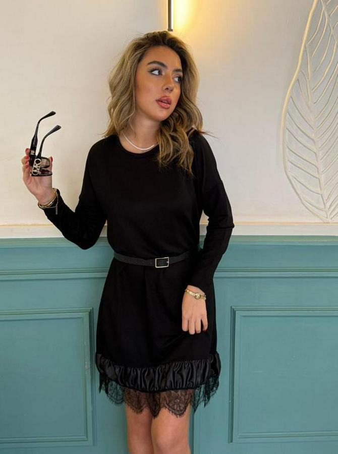 Uzun Kollu Bisiklet Yaka Etek Ucu Deri Ve Tül Detay Iki Iplik Mini Boy Elbise