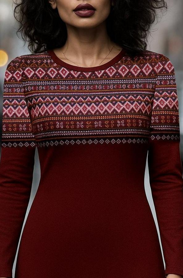 Uzun Kollu Bisiklet Yaka Etnik Desenli Kısa Şardonlu Dalgıç Elbise