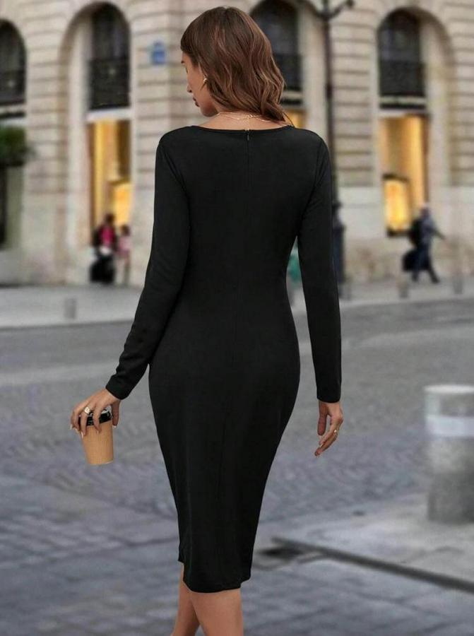 Uzun Kollu Bisiklet Yaka Fermuar Detaylı Yırtmaçlı Midi Krep Elbise