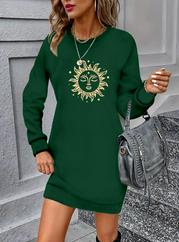 Uzun Kollu Bisiklet Yaka Güneş Desenli Viskon Iki Iplik Elbise