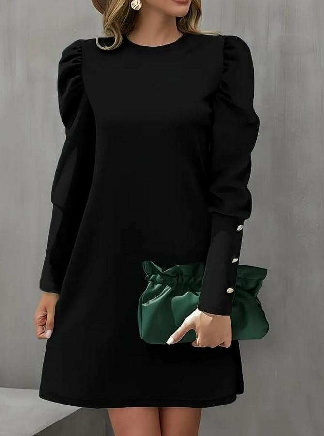 Uzun Kollu Bisiklet Yaka Karpuz Kol Düğme Detay Ithal Krep Elbise