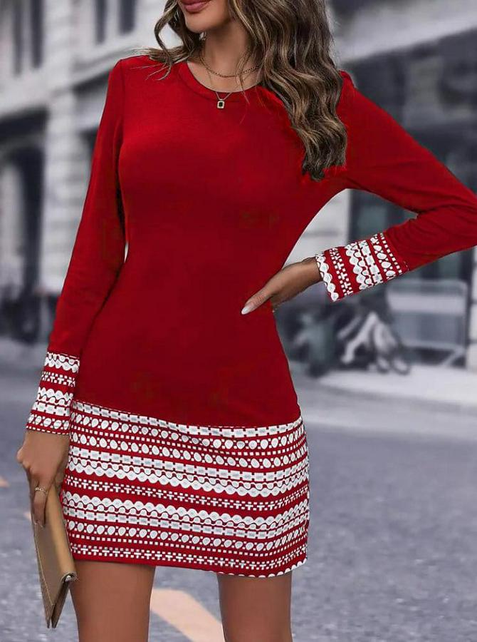 Uzun Kollu Bisiklet Yaka Kol Ağzı Ve Etek Ucu Baskılı Iki Iplik Elbise