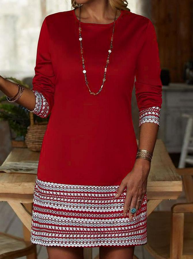 Uzun Kollu Bisiklet Yaka Kol Ağzı Ve Etek Ucu Baskılı Iki Iplik Elbise
