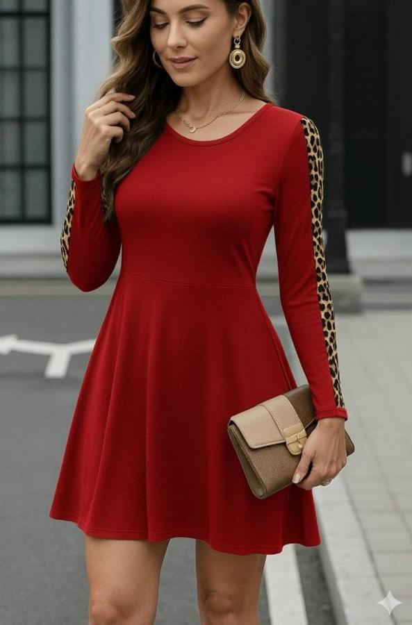 Uzun Kollu Bisiklet Yaka Kollar Leopar Detay Iki Iplik Mini Boy Elbise