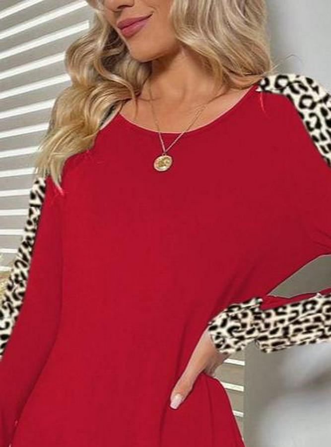 Uzun Kollu Bisiklet Yaka Kollar Leopar Detay Iki Iplik Mini Boy Elbise