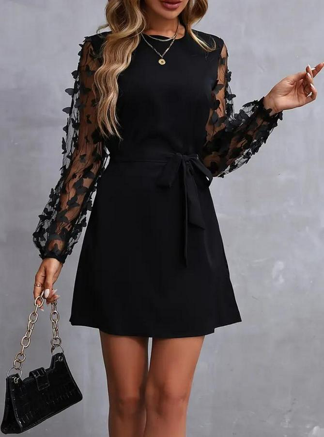 Uzun Kollu Bisiklet Yaka Kollar Tül Kelebek Detaylı Ithal Krep Elbise