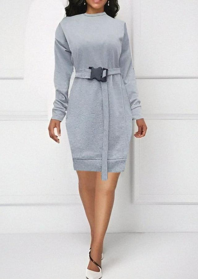 Uzun Kollu Bisiklet Yaka Kuşaklı Iki Iplik Elbise