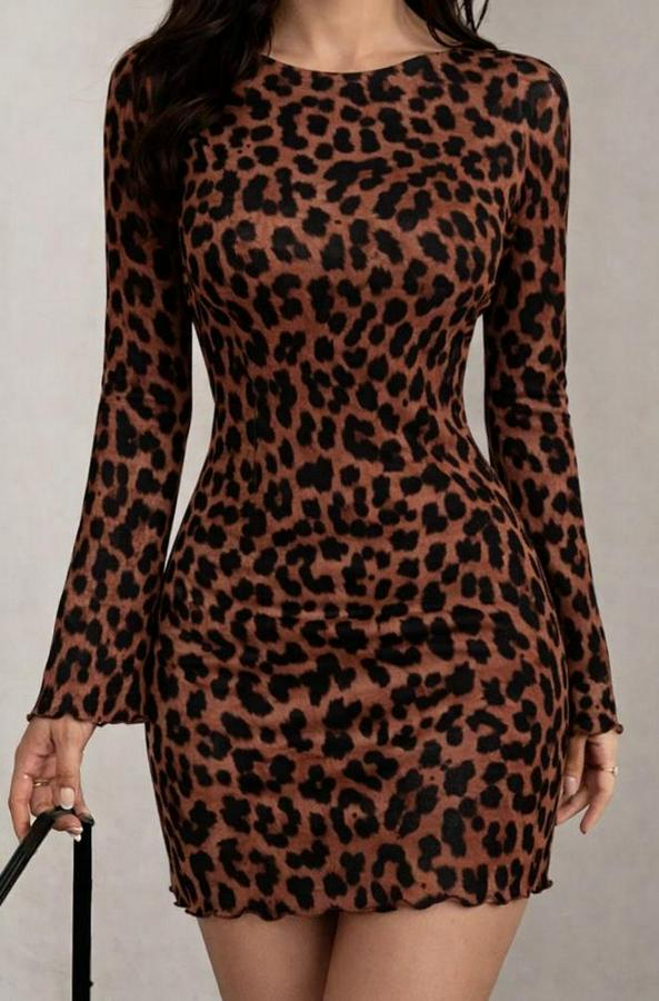Uzun Kollu Bisiklet Yaka Leopar Desenli Dalgıç Mini Elbise