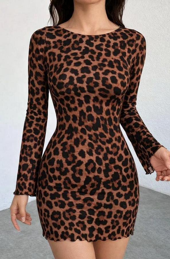 Uzun Kollu Bisiklet Yaka Leopar Desenli Dalgıç Mini Elbise