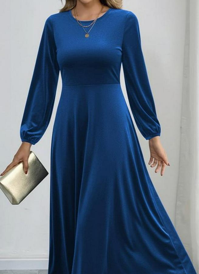 Uzun Kollu Bisiklet Yaka Midi Kadife Mavi Elbise