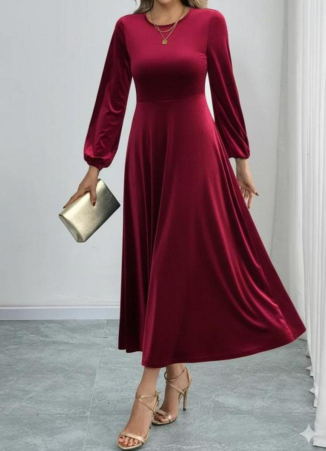 Uzun Kollu Bisiklet Yaka Midi Kadife Elbise