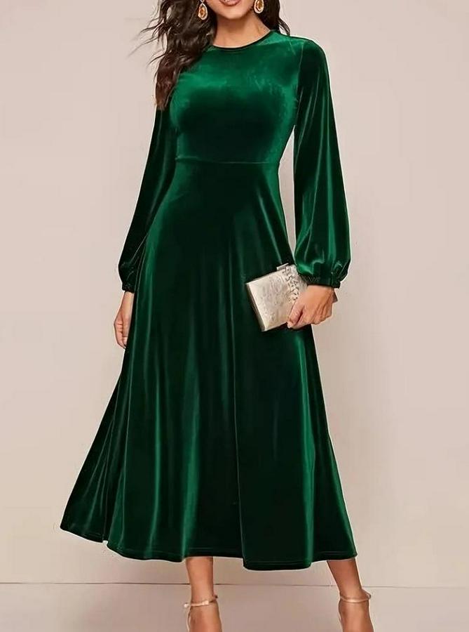 Uzun Kollu Bisiklet Yaka Midi Kadife Elbise