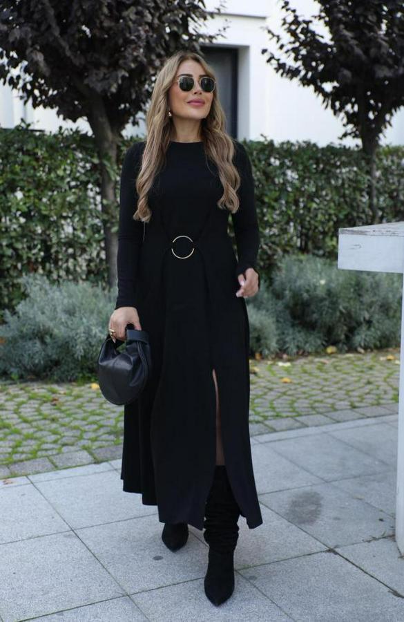 Uzun Kollu Bisiklet Yaka Önden Halka Detaylı Yırtmaçlı Uzun Viskon Iki Iplik Elbise