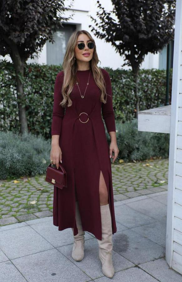 Uzun Kollu Bisiklet Yaka Önden Halka Detaylı Yırtmaçlı Uzun Viskon Iki Iplik Elbise