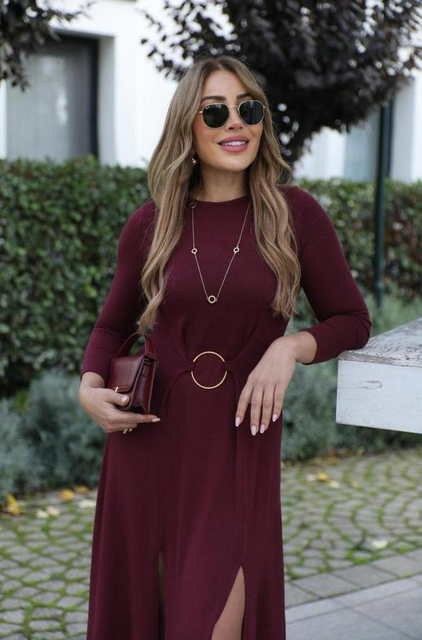 Uzun Kollu Bisiklet Yaka Önden Halka Detaylı Yırtmaçlı Uzun Viskon Iki Iplik Elbise