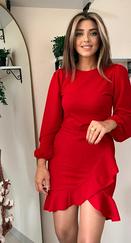 Uzun Kollu Bisiklet Yaka Önden Volanlı Ithal Krep Elbise