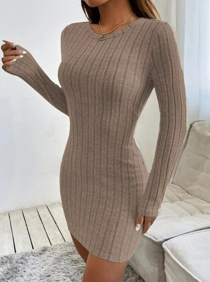 Uzun Kollu Bisiklet Yaka Şardonlu Kalın Fitilli Kaşkorse Mini Boy Elbise