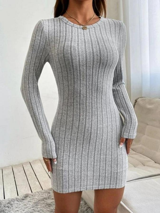 Uzun Kollu Bisiklet Yaka Şardonlu Kalın Fitilli Kaşkorse Mini Boy Elbise