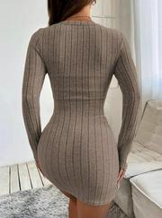 Uzun Kollu Bisiklet Yaka Şardonlu Kalın Fitilli Kaşkorse Mini Boy Elbise