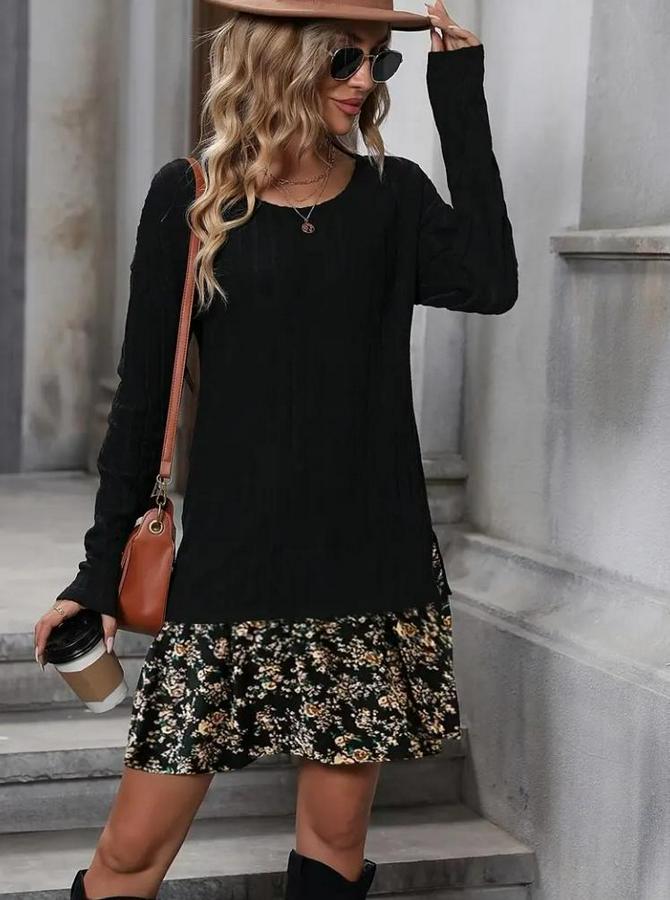 Uzun Kollu Bisiklet Yaka Şardonlu Kaşkorse Bluz Ve Süprem Etek Elbise