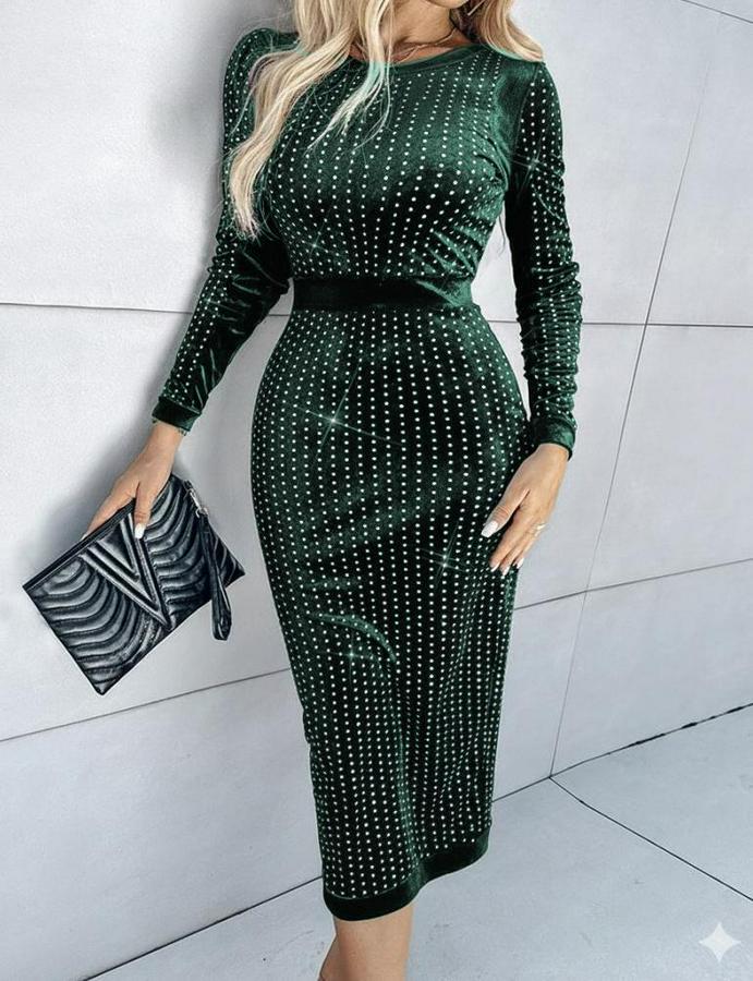 Uzun Kollu Bisiklet Yaka Taşlı Midi Kadife Elbise