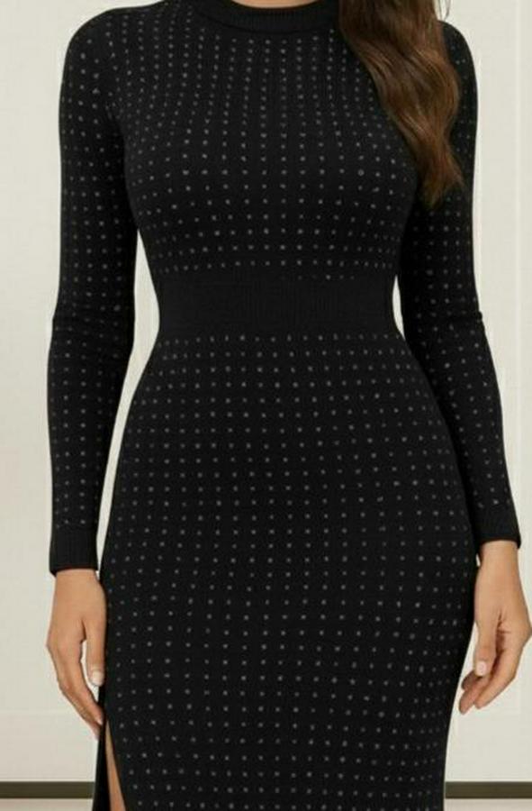 Uzun Kollu Bisiklet Yaka Taşlı Midi Kadife Elbise