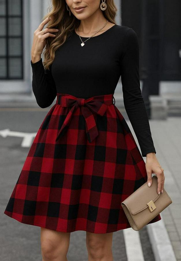 Uzun Kollu Bisiklet Yaka Üst Viskon Alt Ekose Kısa Elbise