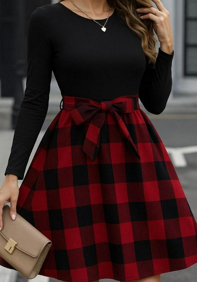 Uzun Kollu Bisiklet Yaka Üst Viskon Alt Ekose Kısa Elbise