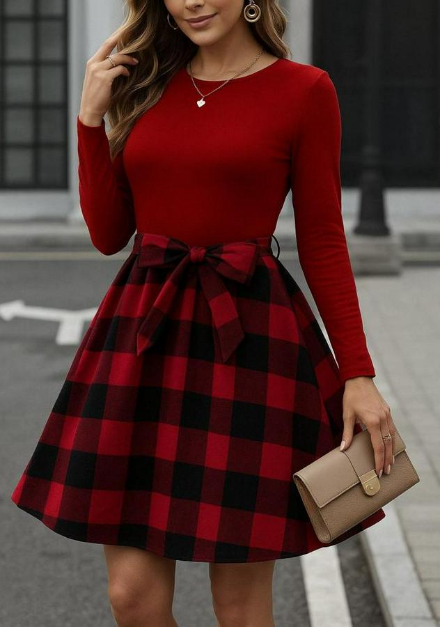 Uzun Kollu Bisiklet Yaka Üst Viskon Alt Ekose Kısa Elbise